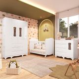 Quarto De Bebê Completo Guarda Roupas Cômoda 3 Portas Janeladas E Berço Com Rodizio 100% Mdf Lana Espresso Móveis Branco Brilho