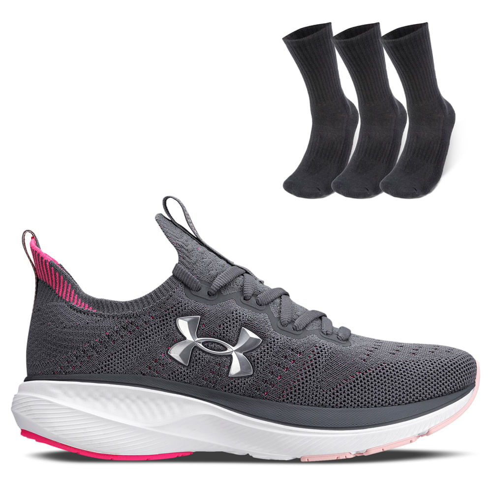 Kit 1 Tênis De Corrida Feminino Under Armour Charged Slight 2 E 3 Pares De Meia Cano Alto