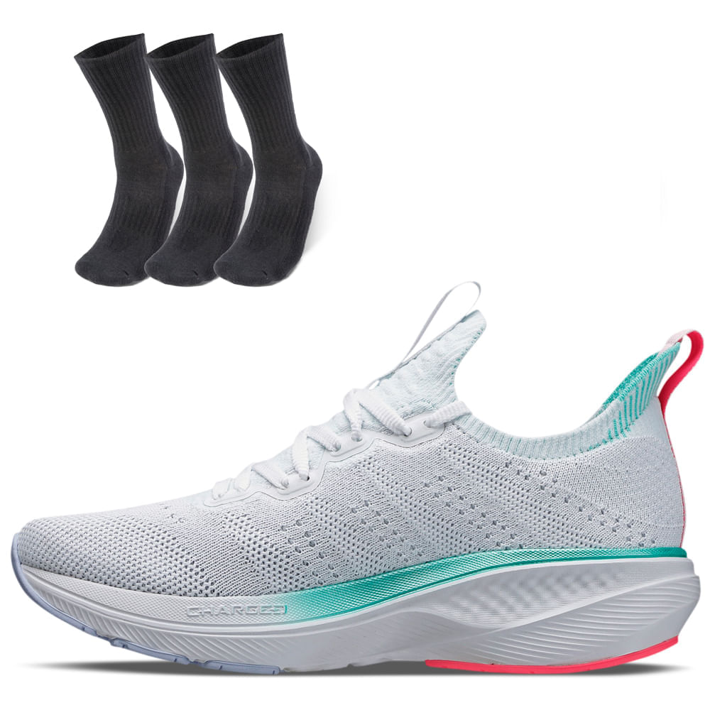 Kit 1 Tênis De Corrida Feminino Under Armour Charged Slight 2 E 3 Pares De Meia Cano Alto