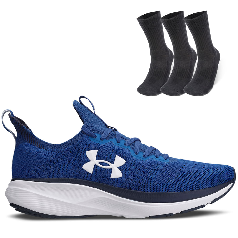 Kit 1 Tênis De Corrida Masculino Under Armour Charged Slight 2 E 3 Pares De Meia Cano Alto