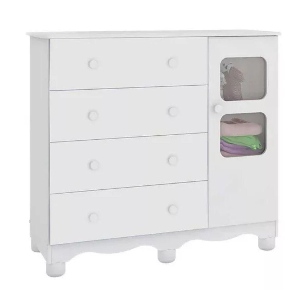 Cômoda Infantil 1 Porta Com Janela 4 Gavetas 100% Mdf Uli New Móveis Peroba Branco Brilho