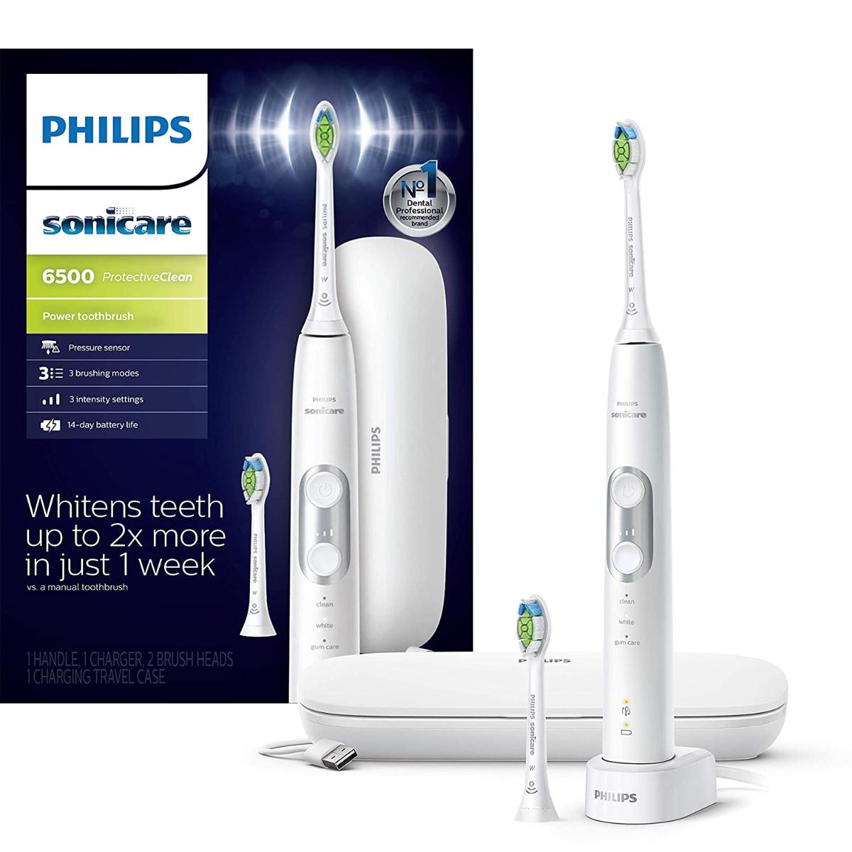 Philips Sonicare ProtectiveClean 6500 Rechargeable Electric Toothbrush with Charging Travel Case and Extra Brush Head White HX646205