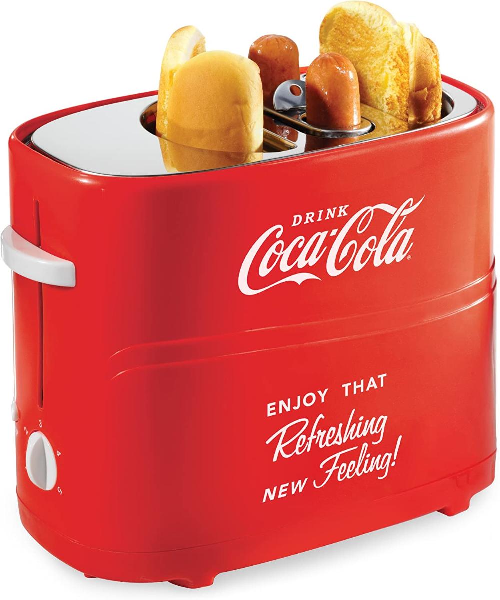 Nostalgia HDT600COKE CocaCola PopUp 2 Hot Dog and Bun Toaster With Mini Tongs Works With Chicken Turkey Veggie Links Sausages and Brats Red