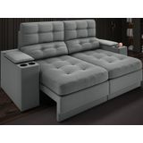Sofá com Porta-Copos e Carregador USB Eureka 1,70m Assento Retrátil e Reclinável Velosuede Grafite - Netsofas