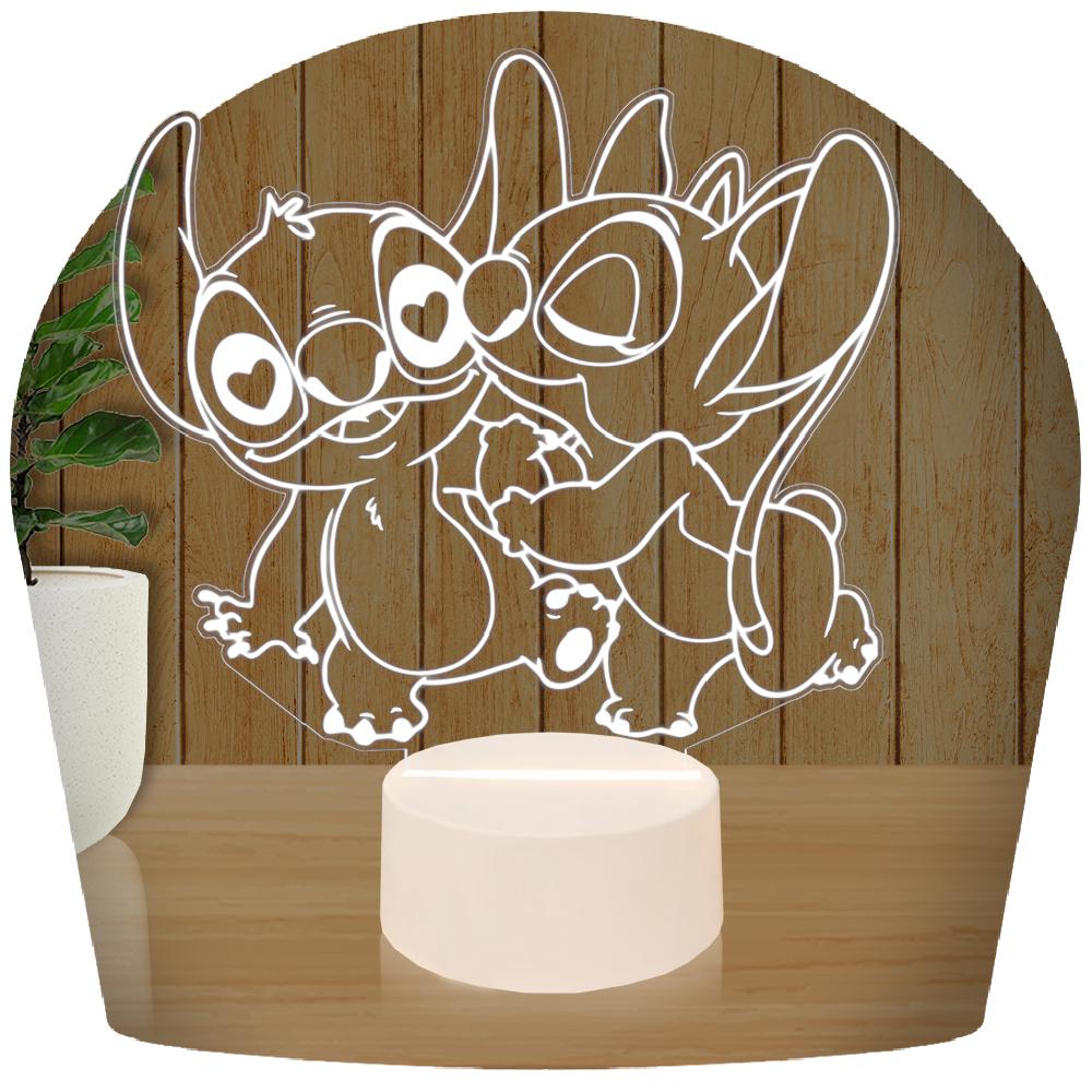 Luminária Led 3d | Lilo Stitch Angel  Abajur - Base Branca