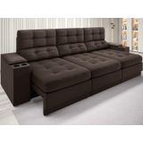 Sofá Com Porta Copos E Carregador Usb Eureka 2,30m  Assento Retrátil E Reclinável Velosuede Chocolate - Netsofas