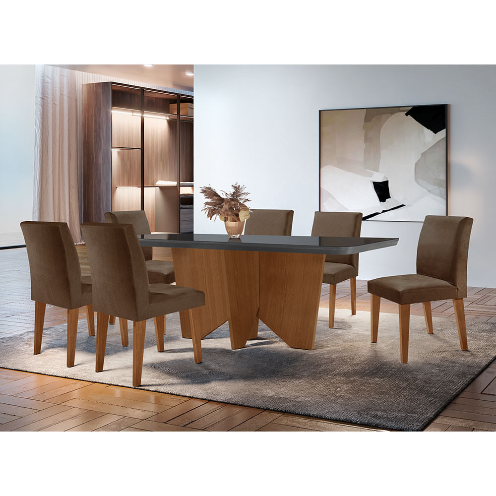 Sala De Jantar Mesa Evora 180  Mdf Vidro Canto Copo Com 6 Cadeiras Grecia Rufato