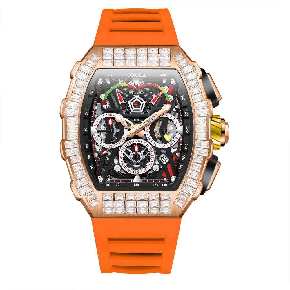 Relógio Impermeável De Luxo Masculino Diamante Automático Rosa Laranja