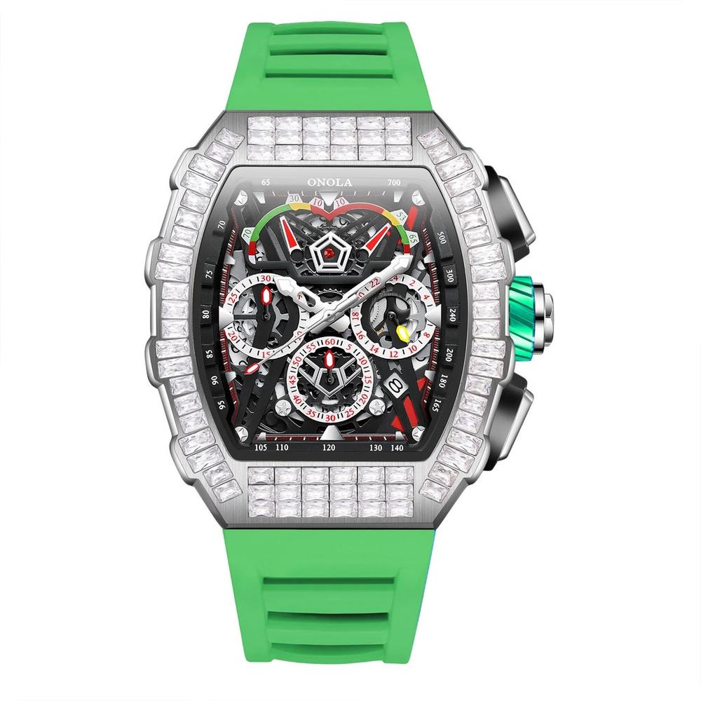 Relógio Impermeável De Luxo Masculino Diamante Automático Prata Verde