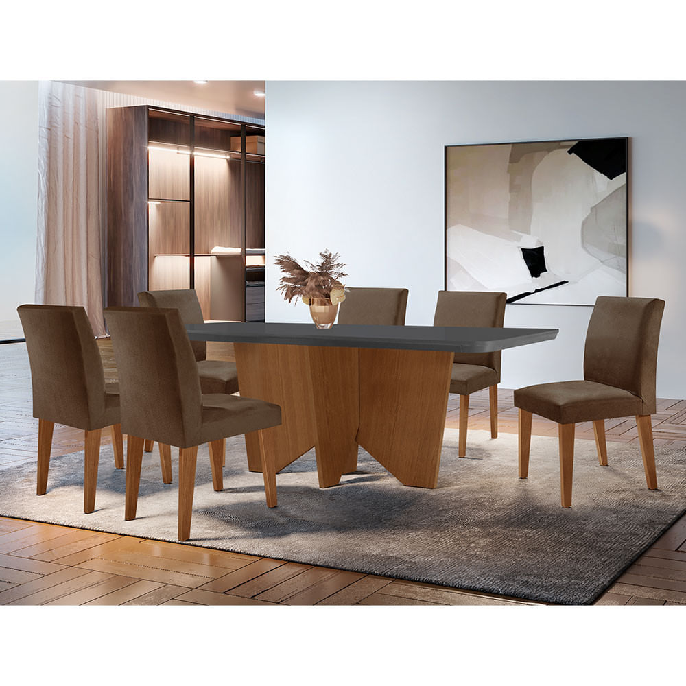 Sala De Jantar Mesa Evora 180 Mdf Canto Copo Com 6 Cadeiras Grecia Rufato