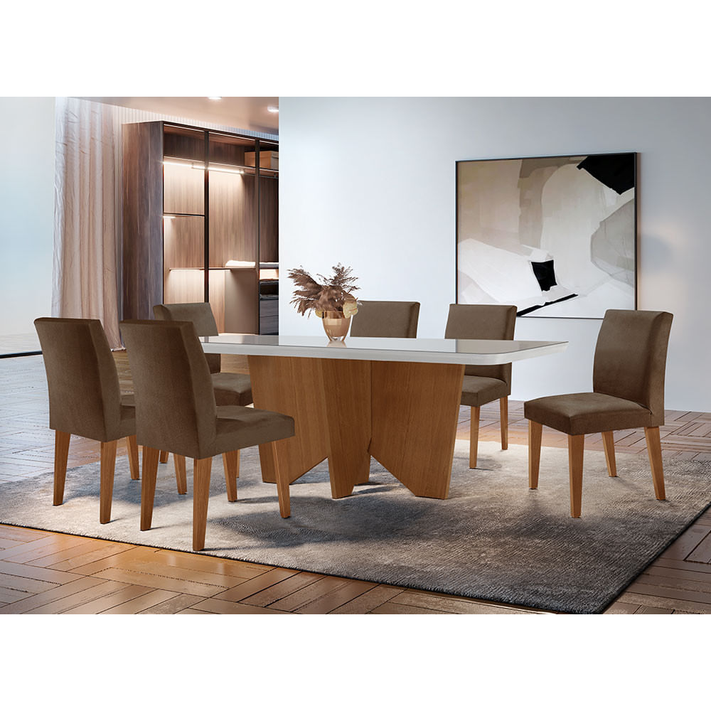 Sala De Jantar Mesa Evora 180  Mdf Vidro Canto Copo Com 6 Cadeiras Grecia Rufato