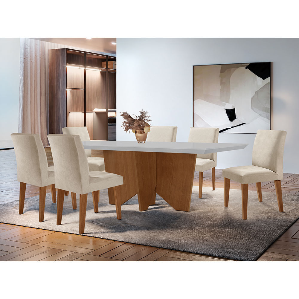 Sala De Jantar Mesa Evora 180  Mdf Canto Reto Com 6 Cadeiras Grecia Rufato