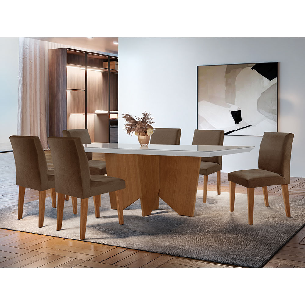 Sala De Jantar Mesa Evora 180  Mdf Vidro Canto Reto Com 6 Cadeiras Grecia Rufato