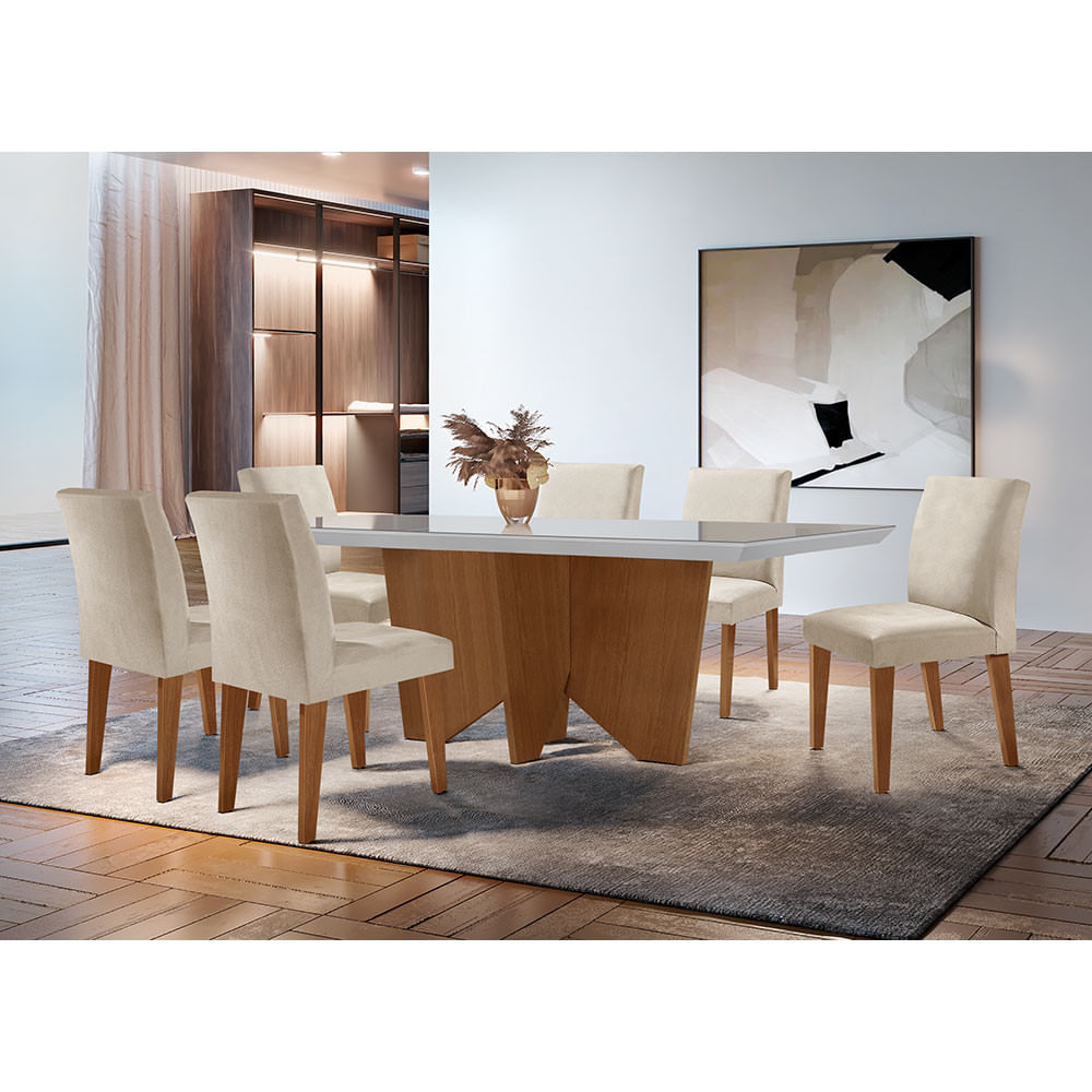 Sala De Jantar Mesa Evora 180  Mdf Vidro Canto Reto Com 6 Cadeiras Grecia Rufato