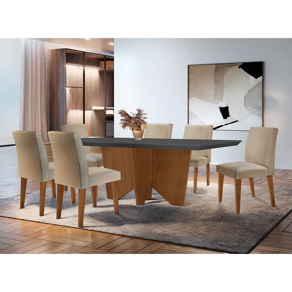 Sala De Jantar Mesa Evora 180  Mdf Canto Reto Com 6 Cadeiras Grecia Rufato