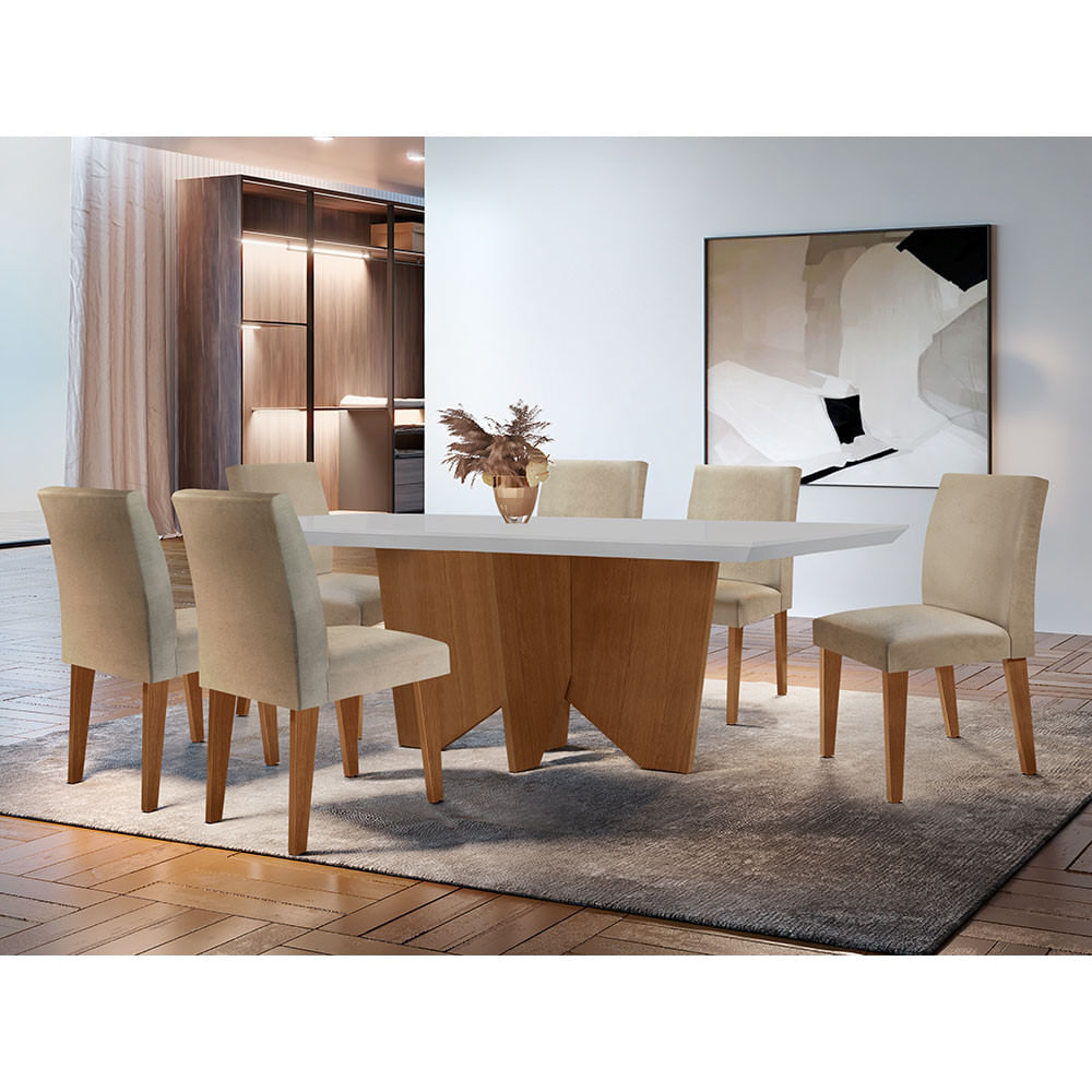 Sala De Jantar Mesa Evora 180  Mdf Canto Reto Com 6 Cadeiras Grecia Rufato