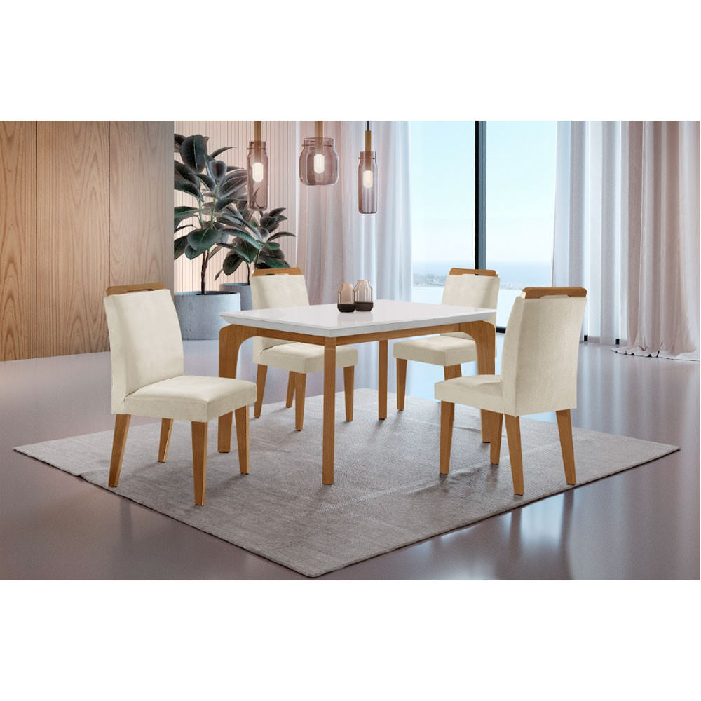 Conjunto Sala De Jantar Mesa Liz 120cm Em Mdf Canto Reto E 4 Cadeiras Athenas Moderna