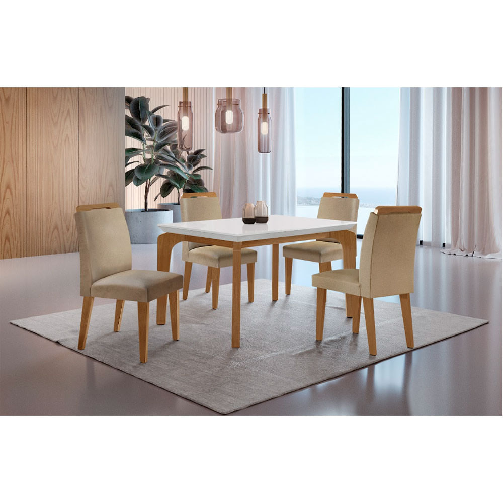 Conjunto Sala De Jantar Mesa Liz 120cm Em Mdf Canto Reto E 4 Cadeiras Athenas Moderna