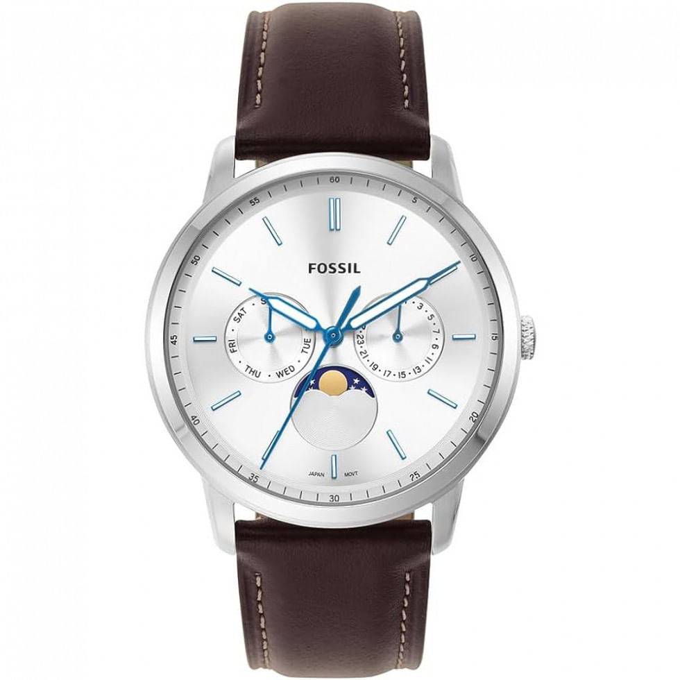 Relogio Masculino Analogico De Quartzo Com Pulseira De Couro, Fossil Fs5905, Prata E Marrom