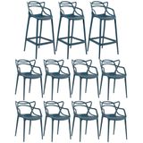 Kit 8 Cadeiras + 3 Banquetas Altas Masters Allegra Azul Petróleo Azul-petróleo