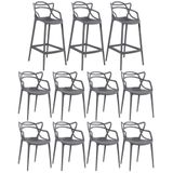Kit 8 Cadeiras + 3 Banquetas Altas Masters Allegra Cinza Escuro Cinza Escuro