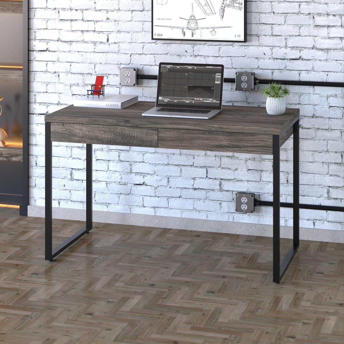 Mesa Kuadra Office 120x60x75cm C/02 Gavetas Carvalho Dark / Est.preta