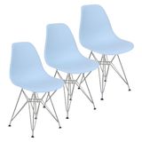 Kit 3 Cadeiras Charles Eames Eiffel Base Metal Cromado Azul