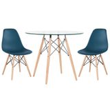 Mesa Redonda Eames Com Tampo De Vidro 90 Cm + 2 Cadeiras Eiffel Dsw Azul Petróleo Azul Petróleo
