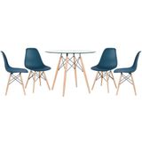 Mesa Redonda Eames Com Tampo De Vidro 90 Cm + 4 Cadeiras Eiffel Dsw Azul Petróleo