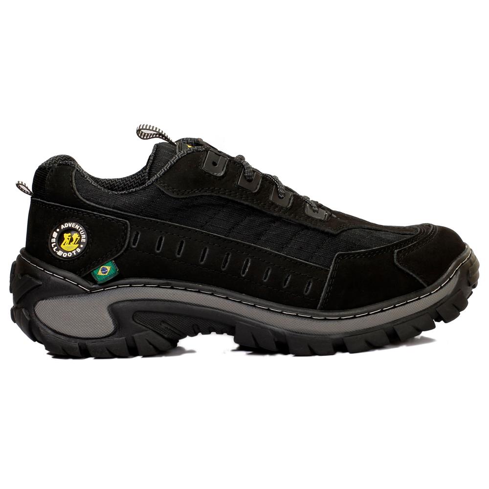 Tênis Adventure Masculino Couro Cadarço Treeking Resistente Preto 45