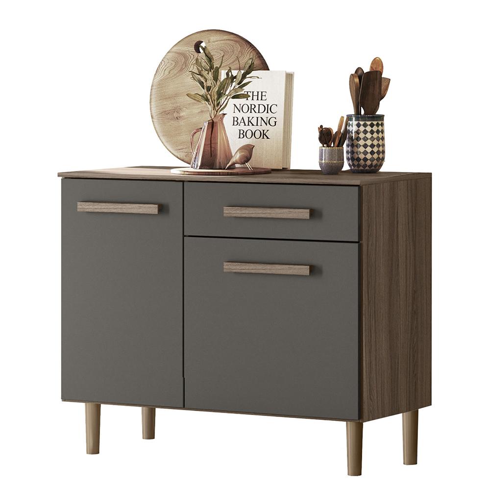 Balcão Para Cozinha Lemon Com 2 Portas E 1 Gaveta 91 Cm Carvalho Nature/cinza
