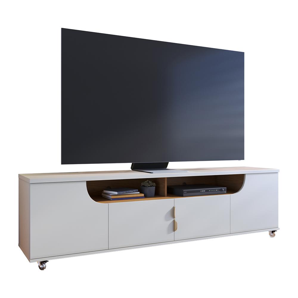 Rack Bancada Santorini Para Tv Até 75 Polegadas Com Rodízios Off White Matte/freijo
