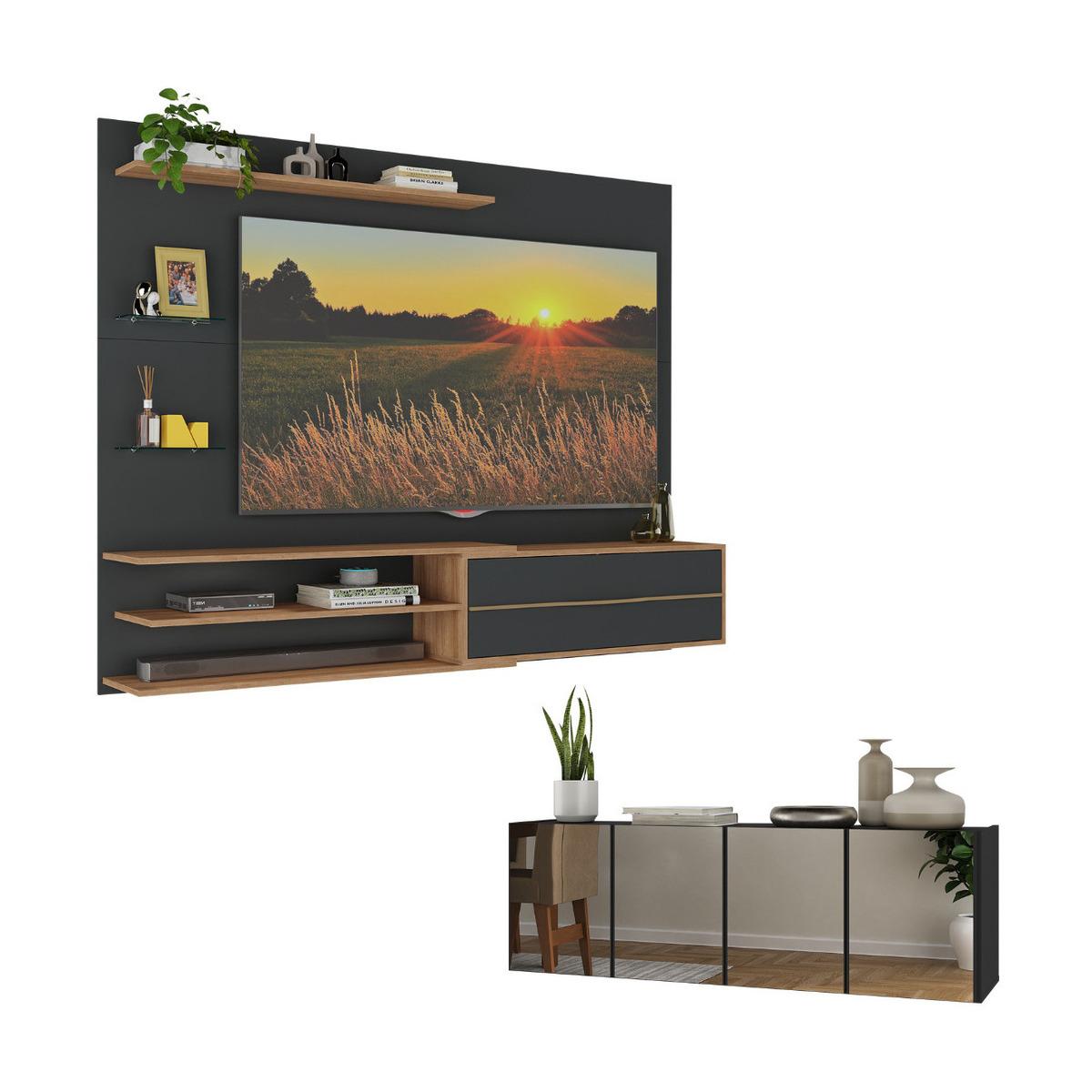 Painel Para Tv Até 65 Polegadas Com Aparador 4 Portas Com Espelho Multimóveis Mp1088 Rustic/preto