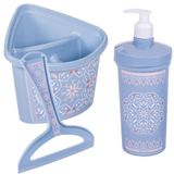 Kit Pia Escorredor De Talheres, Rodinho E Porta Detergente Azul Floral Plasutil