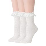 Meias De Tornozelo Sryl Femininas De Renda Com Babados E Algodão, 3 Pares, Brancas