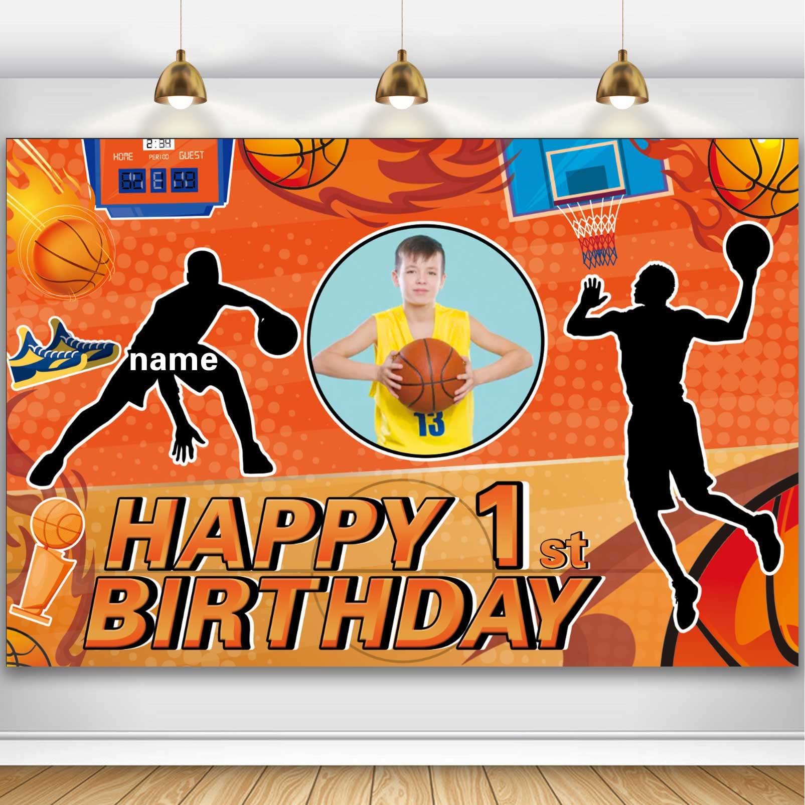 Banner De Decorações De Festa Aubao Custom Basketball, 1º Aniversário