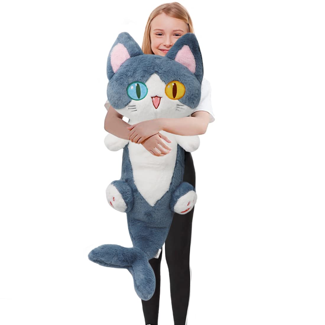 Brinquedo De Pelúcia Elainren Big Grey Cat Shark Com Cauda De Tubarão 85 Cm