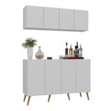 Kit Bar Armário Aéreo E Aparador 4 Portas Retrô Multimóveis Mp1086 Branco/natural Branco/natural