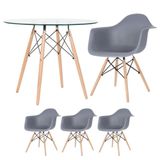 Mesa Redonda Tampo De Vidro 90 Cm + 3 Cadeiras Cinza Escuro