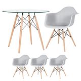 Mesa Redonda Tampo De Vidro 90 Cm + 3 Cadeiras Cinza Claro