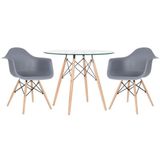 Mesa Redonda Tampo De Vidro 90 Cm + 2 Cadeiras Cinza Escuro