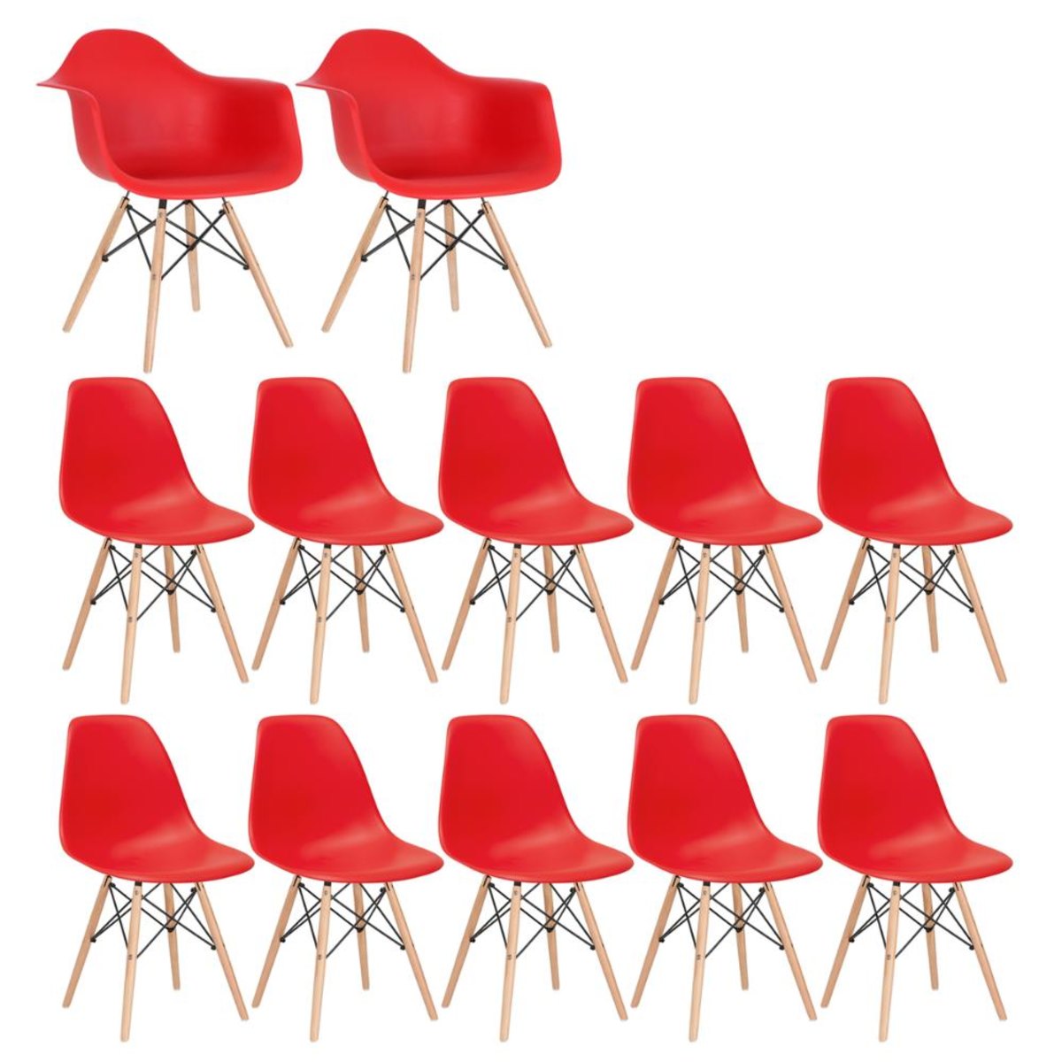 Conjunto 2 x cadeiras Eames DAW com braços + 10 cadeiras Eiffel DSW - Vermelho