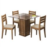 Conjunto Sala De Jantar Mesa Onix Tampo Em Vidro 0,80m 4 Cadeiras Dakar Cedro / Off White / Bege Dobuê
