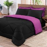 Kit Edredom + Jogo De Lençol Aconchego Look House Dupla Face Casal Queen 06 Peças - Preto- Roxo