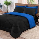 Kit Edredom + Jogo De Lençol Aconchego Look House Dupla Face Casal Queen 06 Peças - Preto- Azul