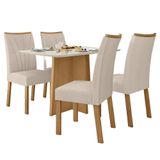Conjunto Mesa De Jantar 1,20 Com Vidro E 4 Cadeiras Tecido Linho Bege Amendoa Clean-off White