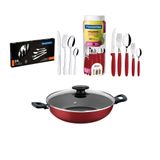 Kit - Panela Wok Alumínio 28cm + 1 Faqueiro Vermelho 30pç + 1 Faqueiro Inox 24pç - Tramontina