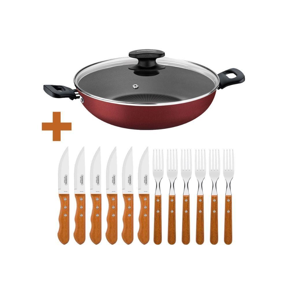 Kit - Jogo De Churrasco Inox 12 Peças Dynamic + 1 Panela Wok 3,3l 28cm Vermelha - Tramontina