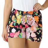 Shorts Feminino Curto Soltinho Estampado Florido Elástico Preto Laranja, M