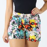 Shorts Feminino Curto Soltinho Estampado Florido Elástico Branco Amarelo, P